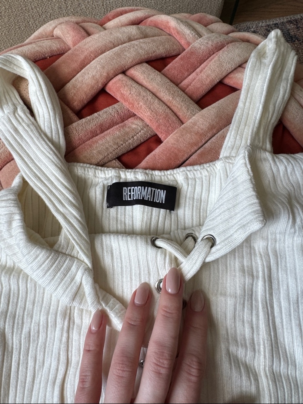 NWOT Reformation Ribbed Lace-Up Cream Tank Top - Picture 4 of 5